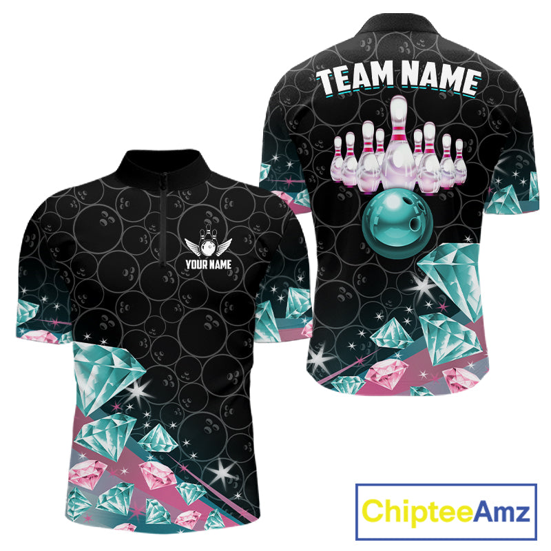 Custom Pink Turquoise Diamonds Bowling Shirt For Men, Glowing Bowling Team Jersey Polo & 1/4 Zip TDM6270