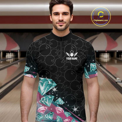 Custom Pink Turquoise Diamonds Bowling Shirt For Men, Glowing Bowling Team Jersey Polo & 1/4 Zip TDM6270