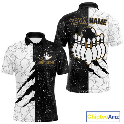 Custom Grunge Black White Bowling Shirt For Men, Bowling Tournament Team Shirt Polo & 1/4 Zip TDM6271