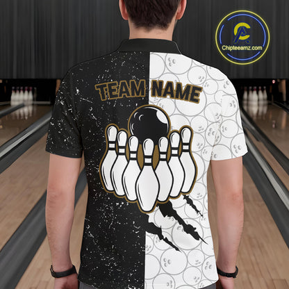 Custom Grunge Black White Bowling Shirt For Men, Bowling Tournament Team Shirt Polo & 1/4 Zip TDM6271