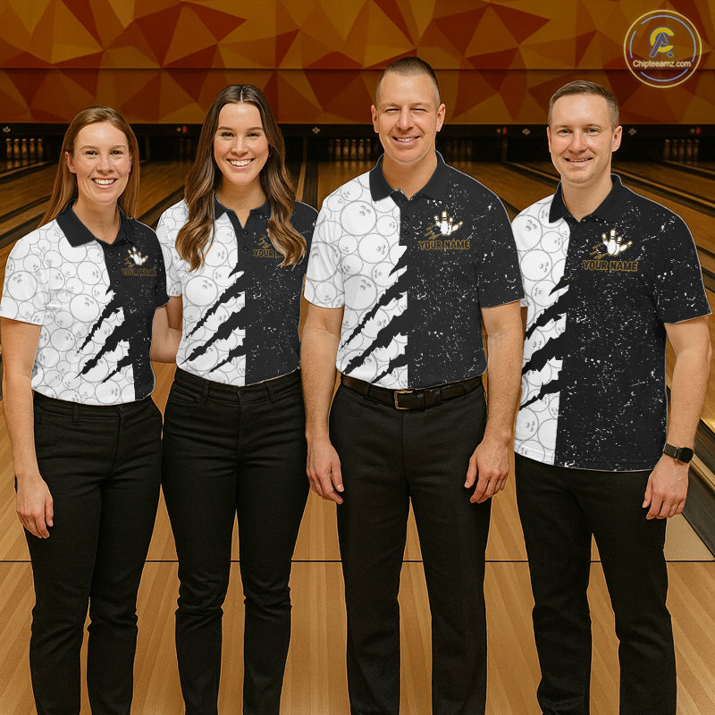 Custom Grunge Black White Bowling Shirt For Men, Bowling Tournament Team Shirt Polo & 1/4 Zip TDM6271