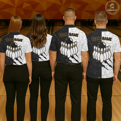 Custom Grunge Black White Bowling Shirt For Men, Bowling Tournament Team Shirt Polo & 1/4 Zip TDM6271