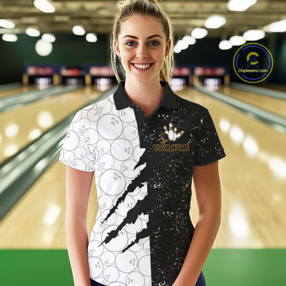Custom Grunge Black White Bowling Shirt For Women, Bowling Tournament Team Shirt Polo & 1/4 Zip TDM6271