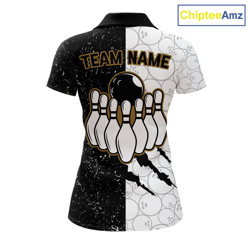 Custom Grunge Black White Bowling Shirt For Women, Bowling Tournament Team Shirt Polo & 1/4 Zip TDM6271