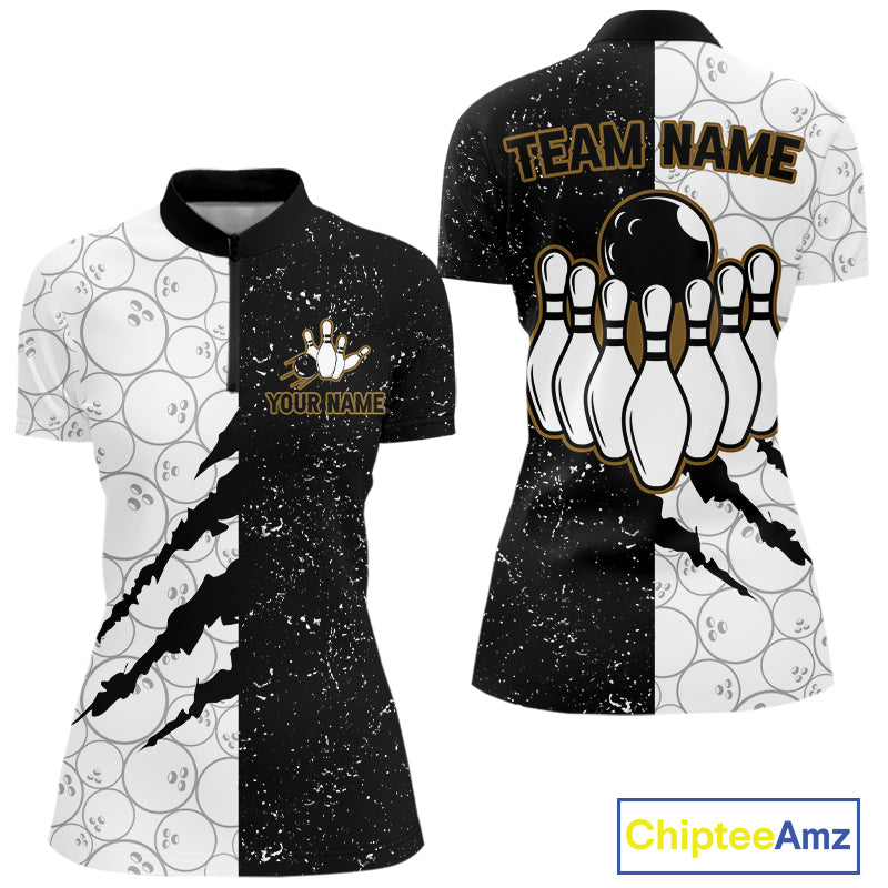 Custom Grunge Black White Bowling Shirt For Women, Bowling Tournament Team Shirt Polo & 1/4 Zip TDM6271