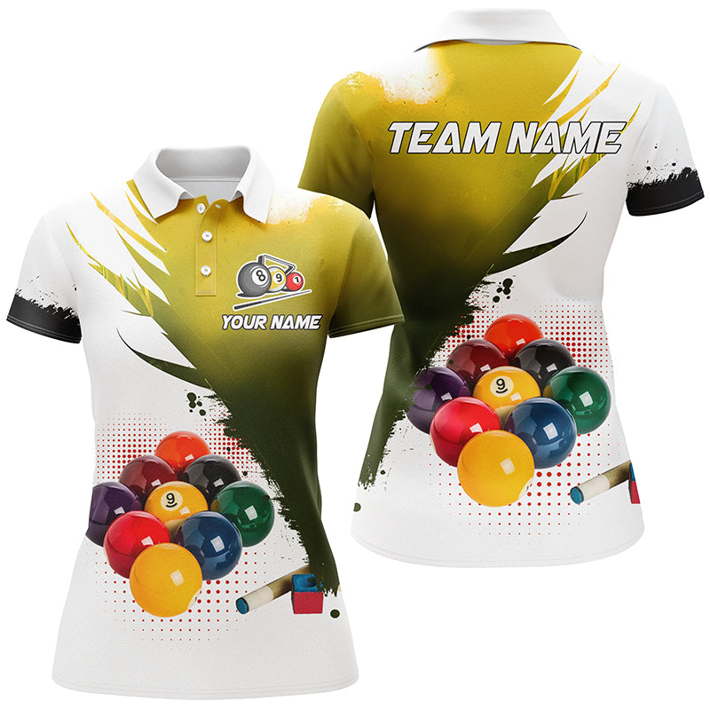 3D 9 Ball Pool Billiard Jerseys Women Polo & Quarter-Zip Shirts Custom Billiard Team Shirts |Yellow TDM2155