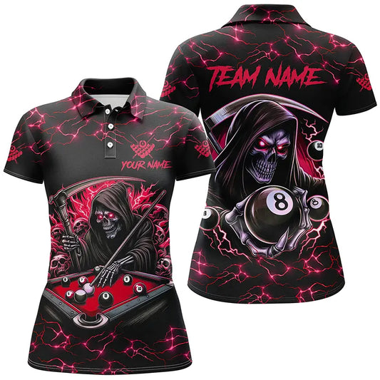 Red Funny Grim Reaper 8 Ball Pool Women Billiard Shirts Custom Name Lightning Billiard Jerseys TDM2159