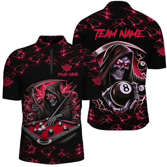 Red Funny Grim Reaper 8 Ball Pool Men Billiard Shirts Custom Name Lightning Billiard Jerseys TDM2159