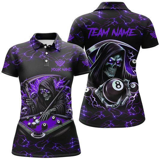 Purple Funny Grim Reaper 8 Ball Pool Women Billiard Shirts Custom Name Lightning Billiard Jerseys TDM2160