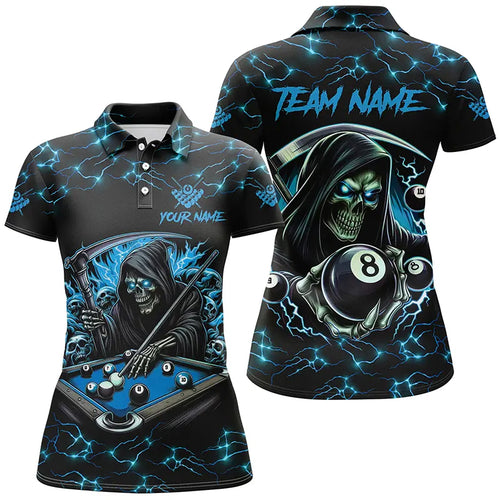 Blue Funny Death Skeleton 8 Ball Pool Women Billiard Shirts Custom Name Lightning Billiard Jerseys TDM2161