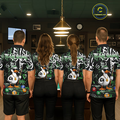 Green Funny Duck Graffiti 8 Ball Billiard Shirt For Men Custom Pool Team Jersey Polo & 1/4 Zip TDM7153