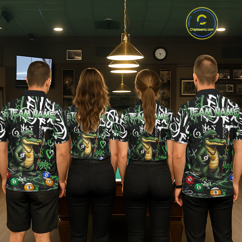 Green Funny Alligator Graffiti 8 Ball Billiard Shirt For Men Custom Pool Team Jersey Polo, 1/4 Zip TDM7157