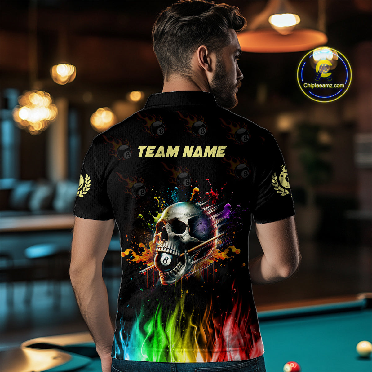 Funny Billiard Colorful Skull Personalized Men Polo Shirts, Custom Team Name Billiard Attire TDM1066