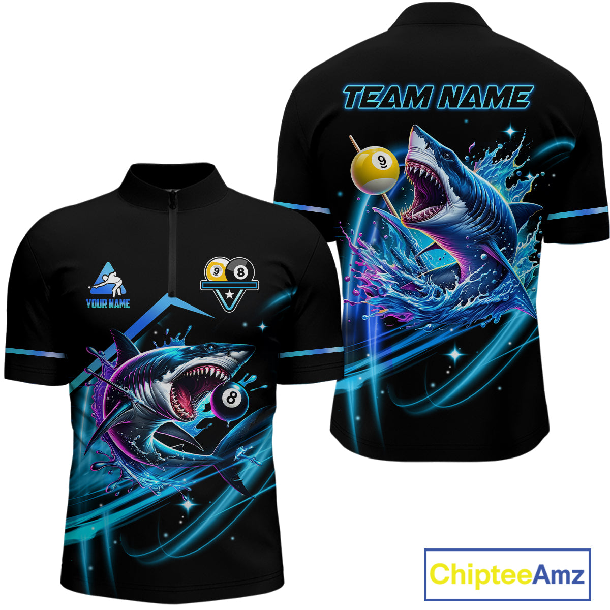 Blue 8 Ball & 9 Ball Pool Billiard Shark Polo & Quarter Zip For Men Custom Team Billiard Jerseys TDM3853