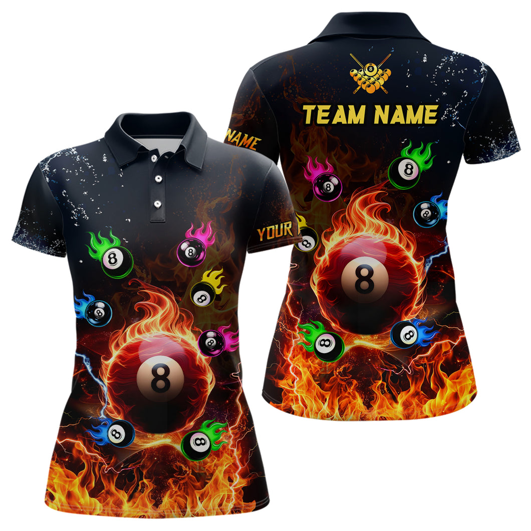 Personalized Colorful 8 Ball Fire 3D Women Polo & Quarter-Zip Shirts, Team League Billiard Jerseys TDM1770