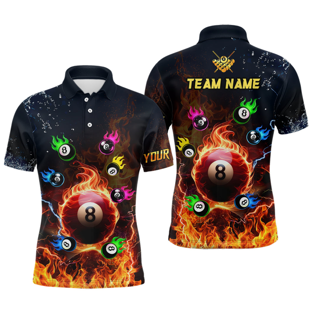 Personalized Colorful 8 Ball Fire 3D Men Polo & Quarter-Zip Shirts, Team League Billiard Jerseys TDM1770