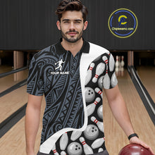 Load image into Gallery viewer, Man wearing a blue tribal pattern bowling polo shirt at a bowling alley front view.