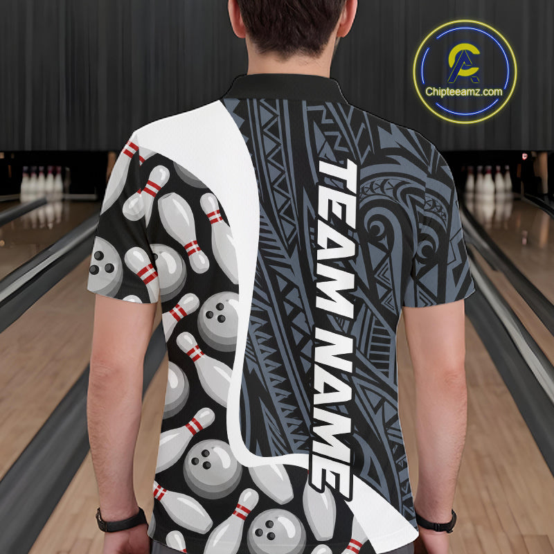 Back view of man wearing a blue tribal pattern bowling polo shirt inside a bowling alley.