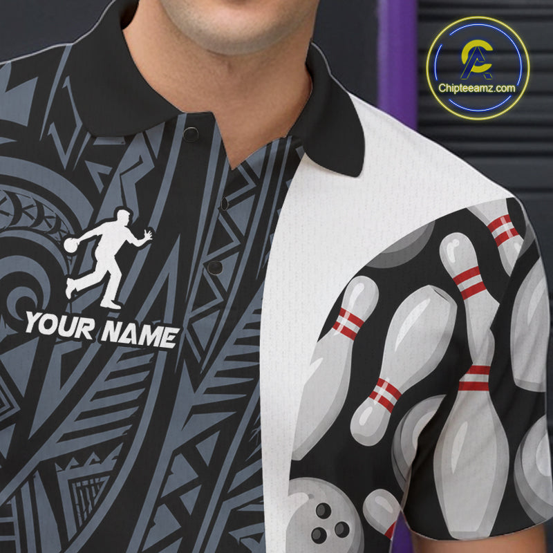 Close-up of a blue tribal bowling polo shirt collar, buttons, and tribal artwork.