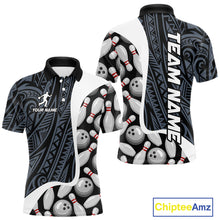 Load image into Gallery viewer, Blue tribal pattern bowling polo shirt for men with custom bowling team graphics.