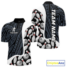 Load image into Gallery viewer, Blue tribal pattern bowling quarter zip shirt for men designed for league tournaments and team events.