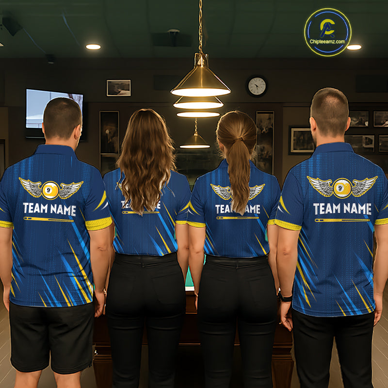 Personalized Blue Yellow 9 Ball Wings Women's Billiard Shirts Custom 9 Ball Pool Team Jersey TDM7167