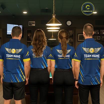Personalized Blue Yellow 9 Ball Wings Women's Billiard Shirts Custom 9 Ball Pool Team Jersey TDM7167