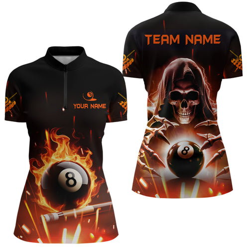 Billiard Skeleton Flaming 8 Ball Pool Custom Women Quarter-Zip Shirt, Pool League Team Shirts TDM1075