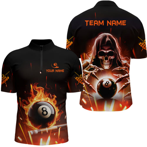 Billiard Skeleton Flaming 8 Ball Pool Custom Men Quarter-Zip Shirt, Pool League Team Shirts TDM1075
