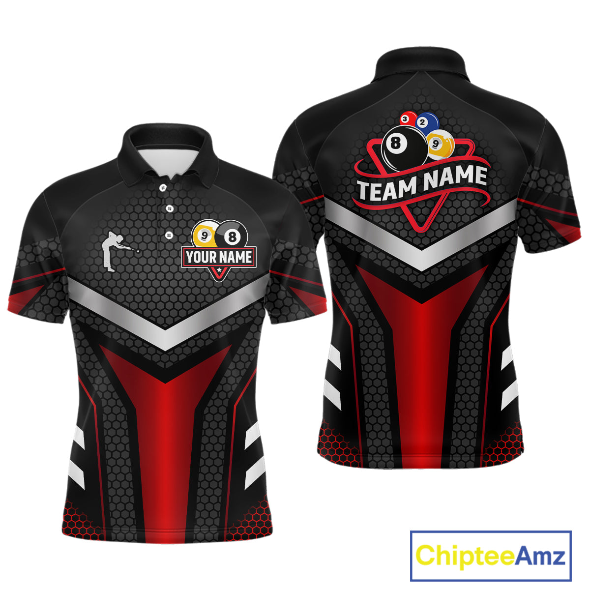 Personalized Billiard 8 Ball & 9 Ball Pool Polo, 1/4 Zip For Men Custom Team Billiard Jerseys |Red TDM4152