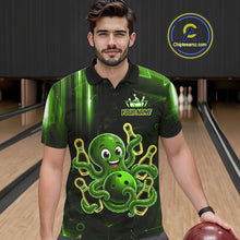 Load image into Gallery viewer, Man wearing green funny neon octopus bowling polo shirt front view.
