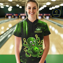 Load image into Gallery viewer, Woman wearing green funny neon octopus bowling quarter zip shirt front view.