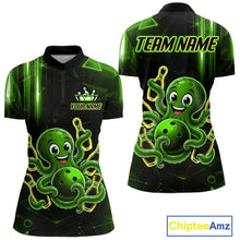 Load image into Gallery viewer, Green funny neon octopus bowling team quarter zip shirt for women, custom bowling league jersey with neon octopus artwork.