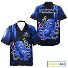 Load image into Gallery viewer, Red grim reaper thunder lightning bowling Hawaiian shirt front and back view for men and women, custom bowling league aloha shirt with skull and red lightning artwork.