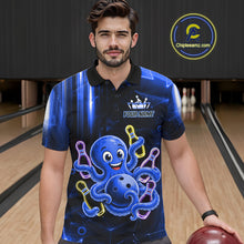 Load image into Gallery viewer, Man wearing blue funny neon octopus bowling polo shirt front view.