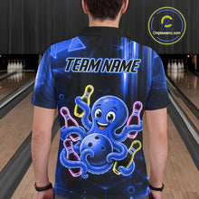 Load image into Gallery viewer, Man wearing blue funny neon octopus bowling polo shirt back view.