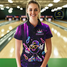 Load image into Gallery viewer, Woman wearing funny neon bowling ball bowling polo shirt front view.