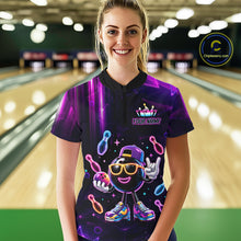 Load image into Gallery viewer, Woman wearing funny neon bowling ball bowling quarter zip shirt front view.