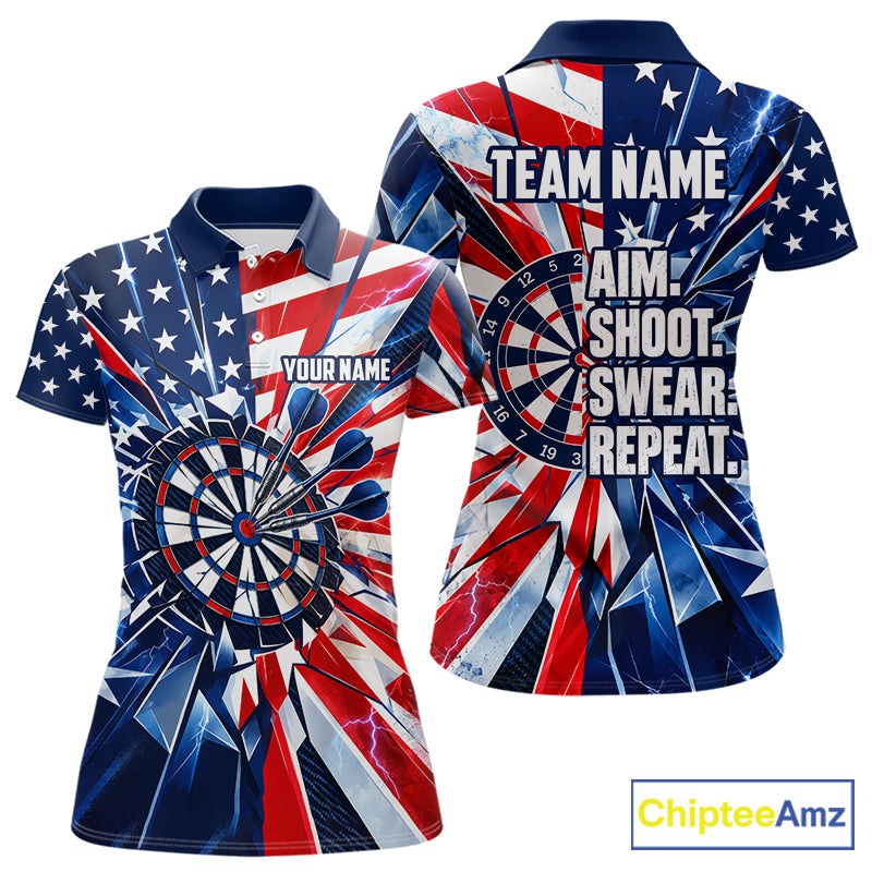 American Flag Aim Shoot Swear Repeat Darts Shirt For Women Custom Patriotic Dart League Team Jersey TDM7813