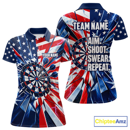 American Flag Aim Shoot Swear Repeat Darts Shirt For Women Custom Patriotic Dart League Team Jersey TDM7813