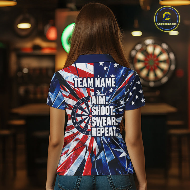 American Flag Aim Shoot Swear Repeat Darts Shirt For Women Custom Patriotic Dart League Team Jersey TDM7813