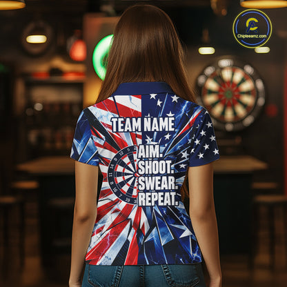 American Flag Aim Shoot Swear Repeat Darts Shirt For Women Custom Patriotic Dart League Team Jersey TDM7813