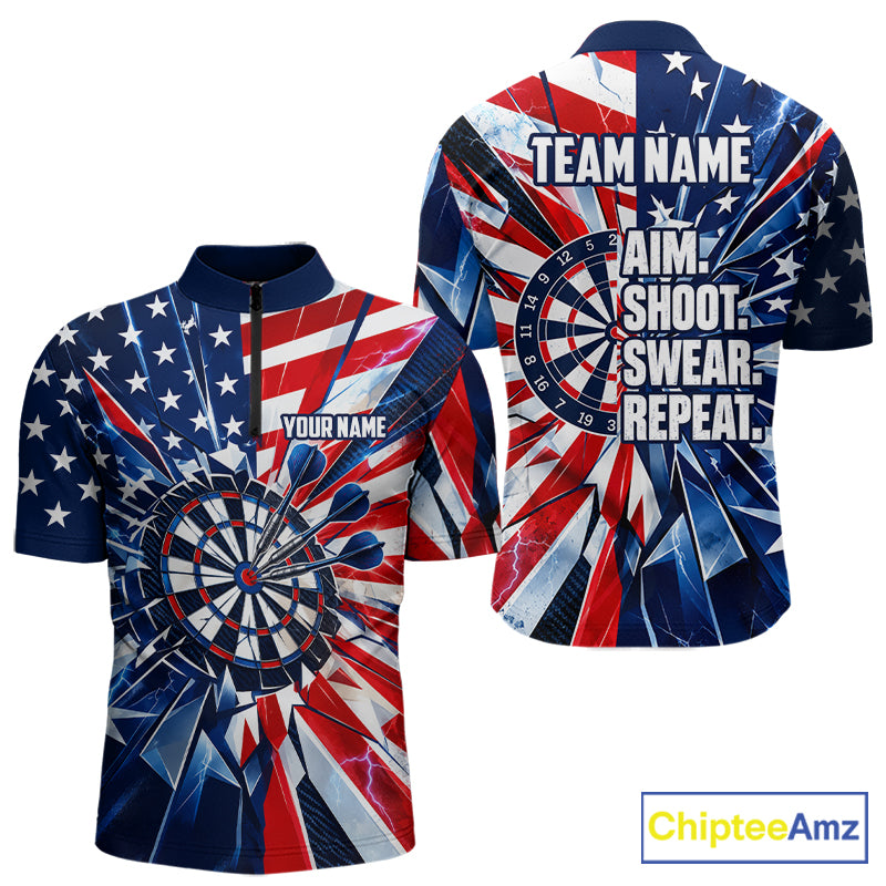 American Flag Aim Shoot Swear Repeat Darts Shirt For Men Custom Patriotic Dart League Team Jersey TDM7813