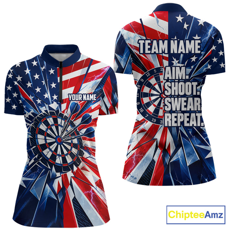 American Flag Aim Shoot Swear Repeat Darts Shirt For Women Custom Patriotic Dart League Team Jersey TDM7813