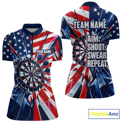 American Flag Aim Shoot Swear Repeat Darts Shirt For Women Custom Patriotic Dart League Team Jersey TDM7813