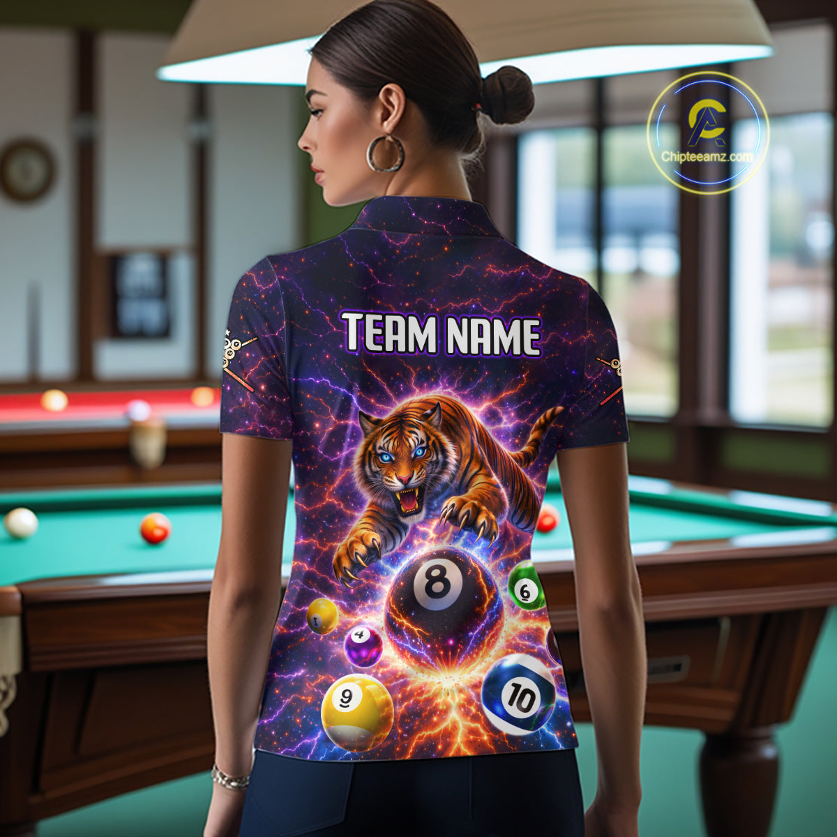 Colorful Billiard Balls Tiger Pool Shirt For Women Custom Thunder Lighting Billiard Team Jersey TDM5685