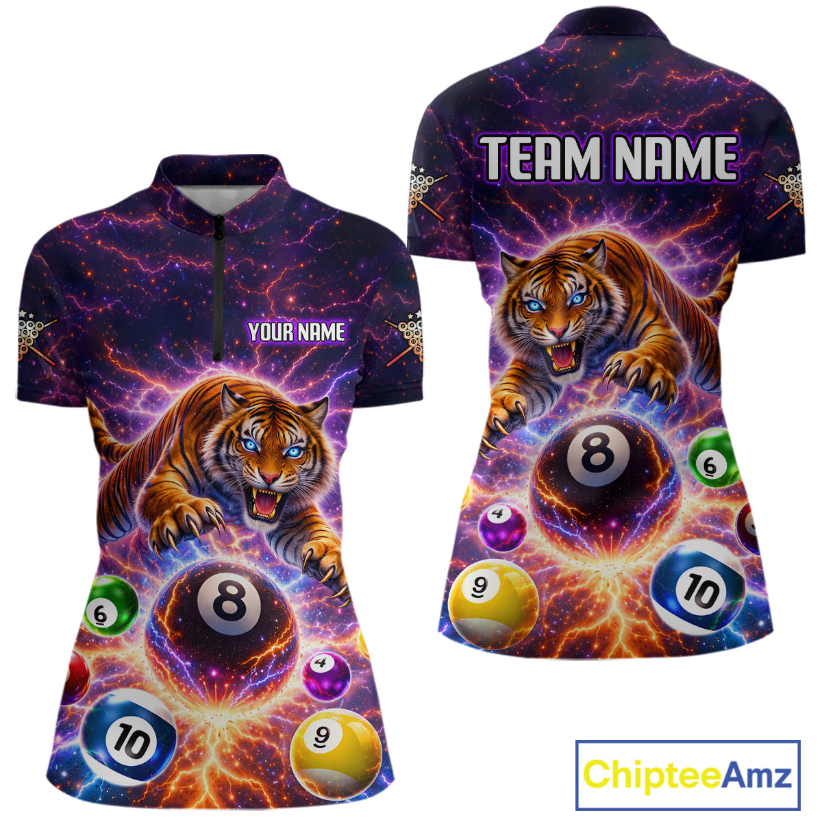 Colorful Billiard Balls Tiger Pool Shirt For Women Custom Thunder Lighting Billiard Team Jersey TDM5685