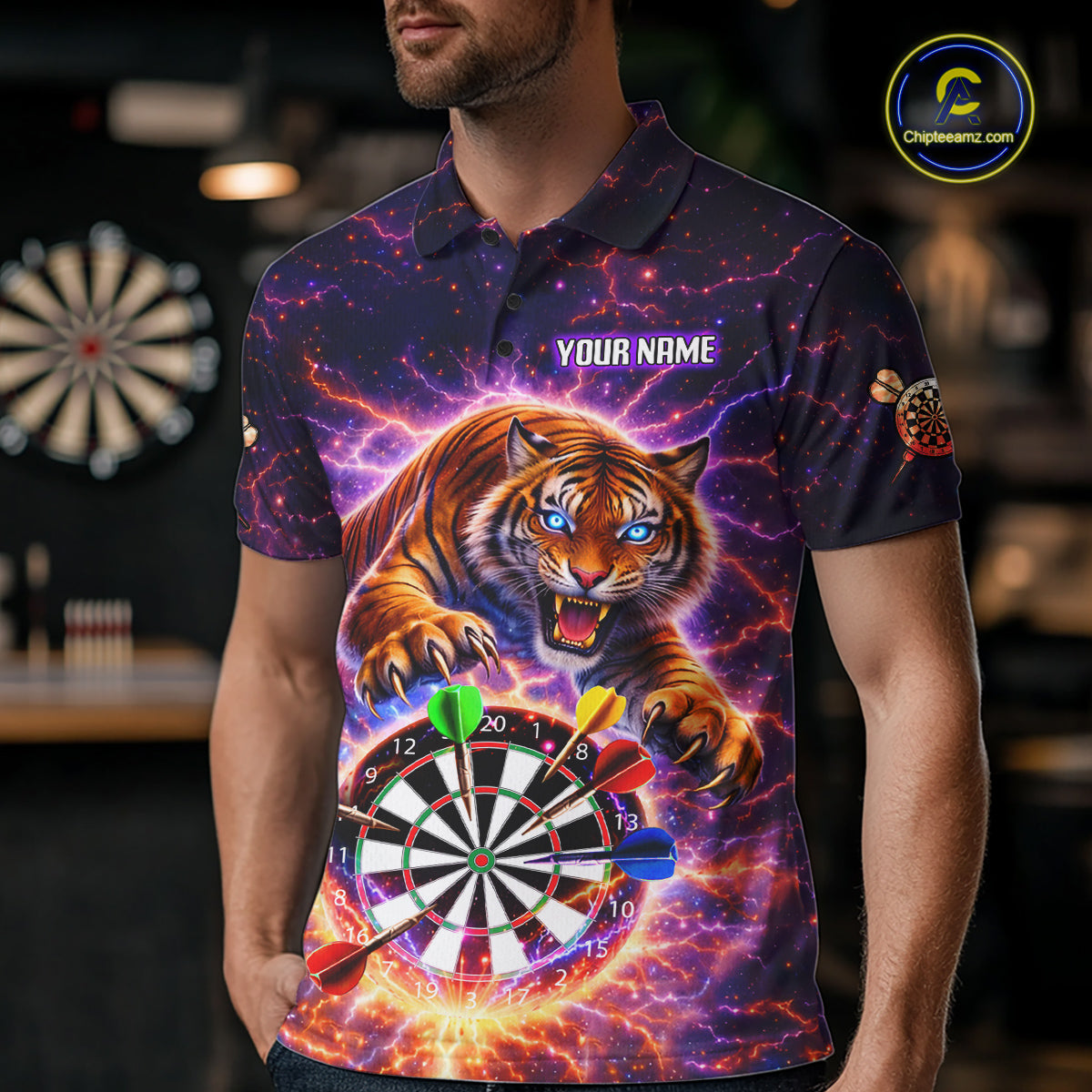Colorful Thunder Lightning Tiger Darts Shirt For Men Custom Darts Jersey Team Polo & 1/4 Zip TDM5686