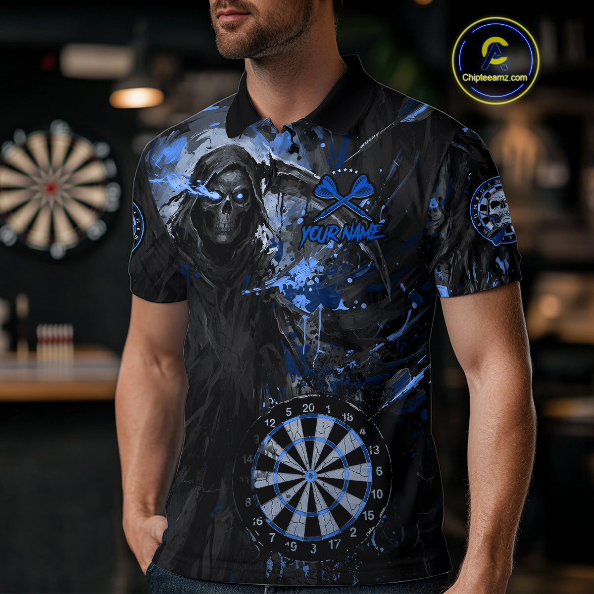 Custom Black And Blue Splatter Grim Reaper Men Darts Polo Shirt Cracked Dart Jerseys NYN2794