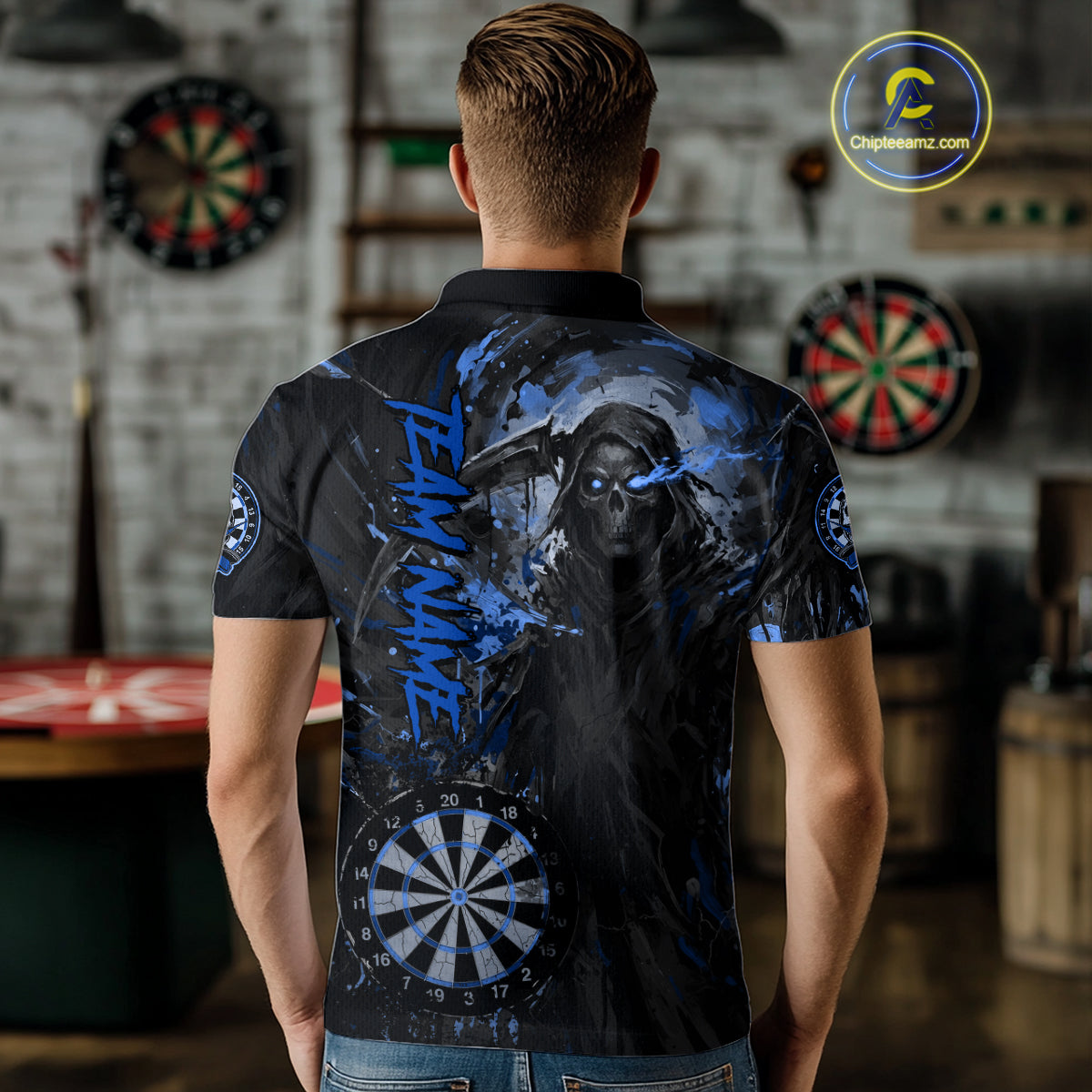 Custom Black And Blue Splatter Grim Reaper Men Darts Polo Shirt Cracked Dart Jerseys NYN2794